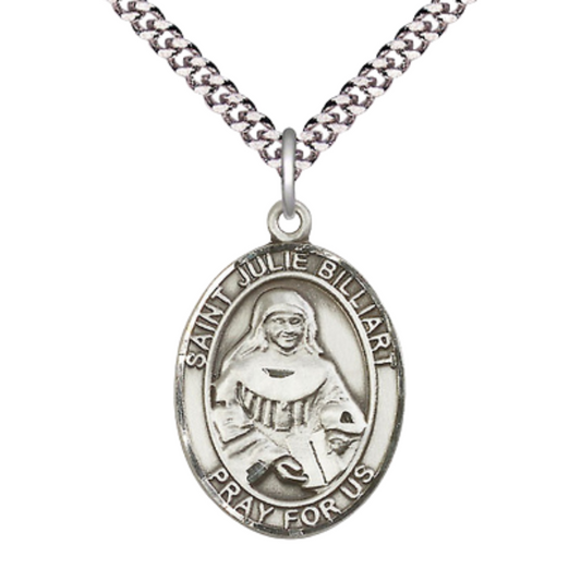 Saint St. Julie Billiart Medal Necklace– Men's Pewter Pendant on 24 Inch Light Endless Rhodium Plated Chain – Catholic Patron Saint St. Against Poverty – Velvet Gift Box Included