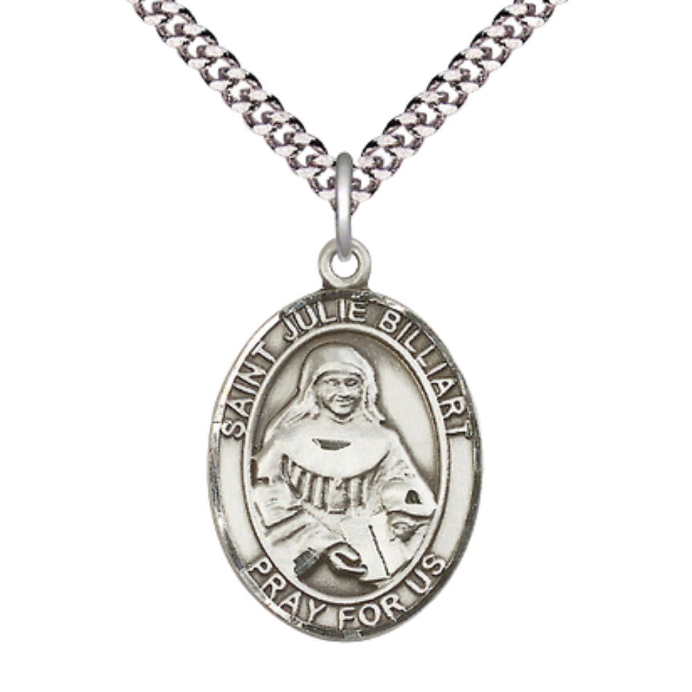 Mens 1 x 3/4" Oval Pewter Saint St. Julie Billiart Medal Pendant on 24 Inch Rhodium Plated Heavy Curb Brass Chain with Lobster Claw clasp, Catholic Religious Necklace - Made in USA - Velvet Gift Box