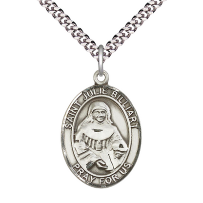 Mens 1 x 3/4" Oval Pewter Saint St. Julie Billiart Medal Pendant on 24 Inch Rhodium Plated Heavy Curb Brass Chain with Lobster Claw clasp, Catholic Religious Necklace - Made in USA - Velvet Gift Box