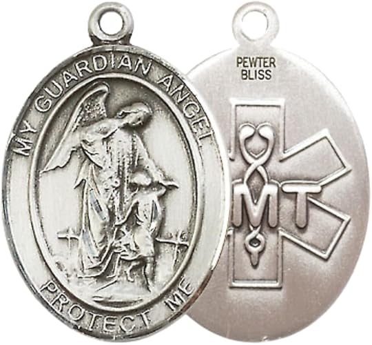 Everlasting Light Jewelry Women's Pewter Guardian Angel EMT Pendant Necklace – 1" x ¾ – 18 Inch Rhodium Plated Lite Curb Brass Chain, Catholic Medal - Patron Saint. of EMTs – Guardian Angel Medal – Velvet Gift Box