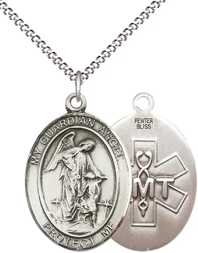 Everlasting Light Jewelry Women's Pewter Guardian Angel EMT Pendant Necklace – 1" x ¾ – 18 Inch Rhodium Plated Lite Curb Brass Chain, Catholic Medal - Patron Saint. of EMTs – Guardian Angel Medal – Velvet Gift Box