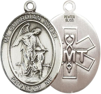 Everlasting Light Jewelry Men's Pewter Guardian Angel EMT Pendant Necklace– 1" x ¾ – 24" Rhodium Plated Chain – Patron Saint of EMTs – Guardian Angel Medal – Velvet Gift Box Included