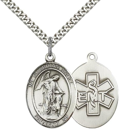 Mens 1 x 3/4" Oval Pewter Guardian Angel EMT Medal Pendant on 24 Inch Rhodium Plated Heavy Curb Brass Chain with Lobster Claw clasp, Catholic Religious Necklace - Made in USA- Velvet Gift Box