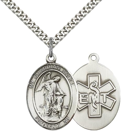 Mens 1 x 3/4" Oval Pewter Guardian Angel EMT Medal Pendant on 24 Inch Rhodium Plated Heavy Curb Brass Chain with Lobster Claw clasp, Catholic Religious Necklace - Made in USA- Velvet Gift Box