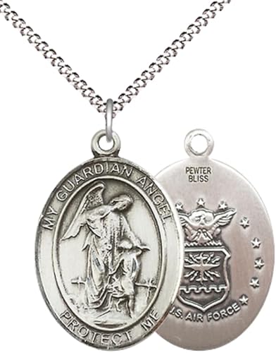 Women's Pewter Guardian Angel Air Force Pendant Necklace – 1" x ¾ – 18 Inch Rhodium Plated Lite Curb Brass Chain with Lobster Claw Clasp, Catholic Medal - Patron Saint. of Air Force – Velvet Gift Box