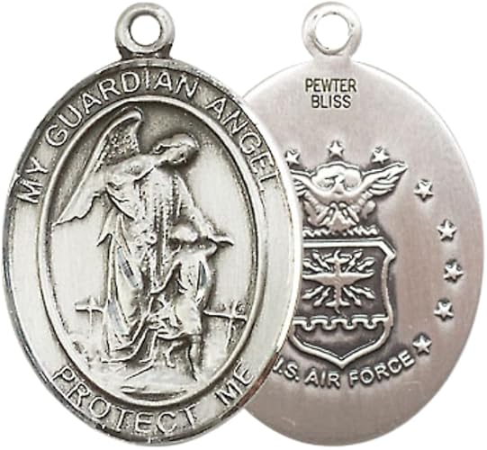 Men's Pewter Guardian Angel Air Force Pendant Necklace– 1" x ¾ – 24 Inch Rhodium Plated Chain – Patron Saint St. of Air Force – Guardian Angel Air Force Medal, Catholic Medal – Velvet Gift Box Included