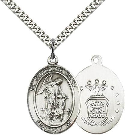 Mens Oval Pewter Guardian Angel Air Force Medal Pendant on 24 Inch Rhodium Plated Heavy Curb Brass Chain with Lobster Claw clasp, Catholic Religious Necklace - Made in USA- Deluxe Velvet Gift Box