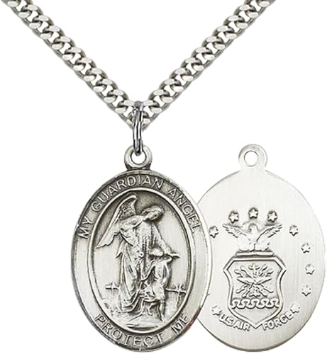 Mens Oval Pewter Guardian Angel Air Force Medal Pendant on 24 Inch Rhodium Plated Heavy Curb Brass Chain with Lobster Claw clasp, Catholic Religious Necklace - Made in USA- Deluxe Velvet Gift Box