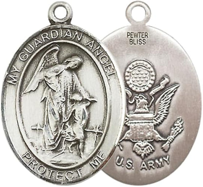 Women's Pewter Guardian Angel Army Pendant Necklace – 1" x ¾ – 18 Inch Rhodium Plated Lite Curb Brass Chain, Catholic Medal - Patron Saint. of Soldiers – Guardian Angel Army Medal – Velvet Gift Box