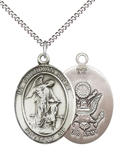 Women's Pewter Guardian Angel Army Pendant Necklace – 1" x ¾ – 18 Inch Rhodium Plated Lite Curb Brass Chain, Catholic Medal - Patron Saint. of Soldiers – Guardian Angel Army Medal – Velvet Gift Box