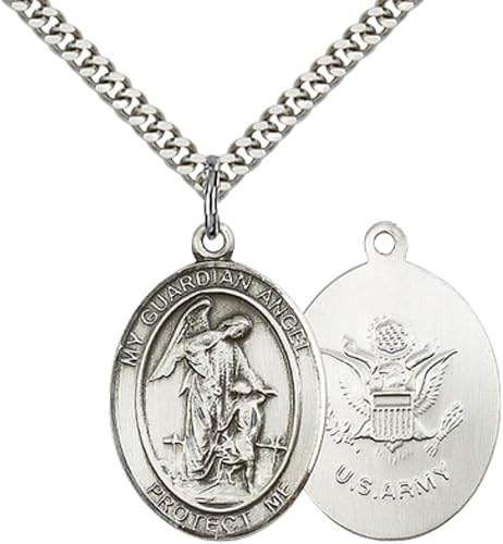 Everlasting Light Jewelry Men's Pewter Guardian Angel Army Pendant Necklace– 1" x ¾ – 24 Inch Rhodium Plated Chain – Patron Saint St. of Soldiers – Guardian Angel Army Medal, Catholic Medal – Velvet Gift Box Included
