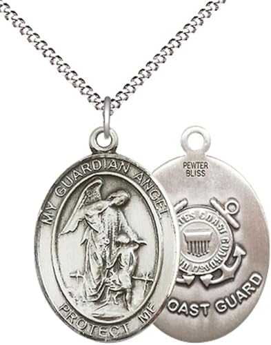 Women's Pewter Guardian Angel Coast Guard Pendant Necklace – 1" x ¾ – 18 Inch Rhodium Plated Lite Curb Brass Chain, Catholic Medal - Patron Saint. of Coast Guard – Guardian Angel Medal – Velvet Gift Box