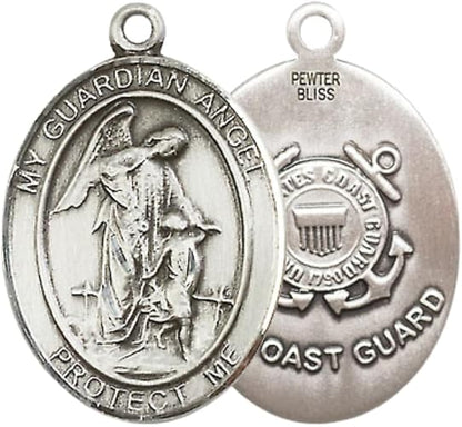 Mens Oval Pewter Guardian Angel Coast Guard Medal Pendant on 24 Inch Rhodium Plated Heavy Curb Brass Chain with Lobster Claw clasp, Catholic Religious Necklace - Made in USA- Velvet Gift Box