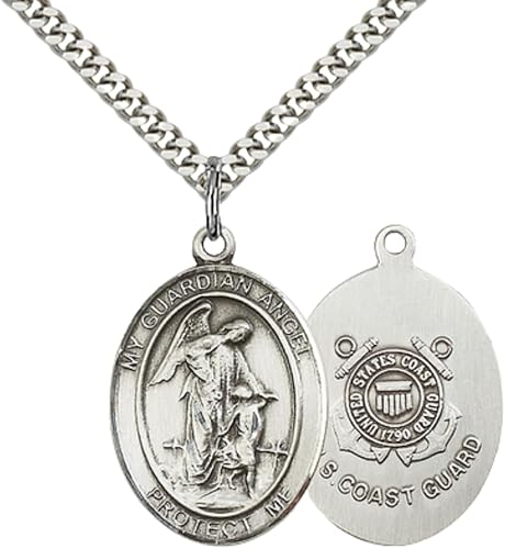 Everlasting Light Jewelry Men's Pewter Guardian Angel Coast Guard Pendant Necklace– 1" x ¾ – 24" Rhodium Plated Chain – Patron Saint of Coast Guard – Guardian Angel Medal – Velvet Gift Box Included