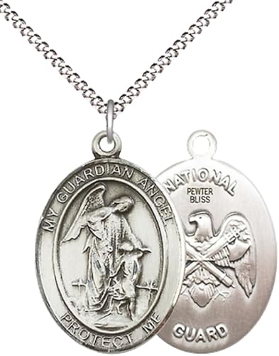 Women's Pewter Guardian Angel National Guard Pendant – 1" x ¾ – 18 Inch Rhodium Plated Lite Curb Brass Chain with Lobster Claw Clasp – Guardian Angel Medal Necklace, Catholic Medal – Velvet Gift Box