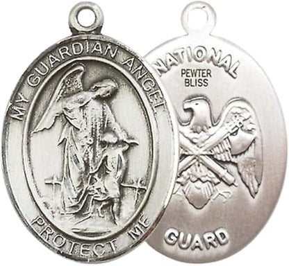 Mens Oval Pewter Guardian Angel National Guard Medal Pendant on 24 Inch Rhodium Plated Heavy Curb Brass Chain with Lobster Claw clasp, Catholic Religious Necklace - Made in USA- Velvet Gift Box