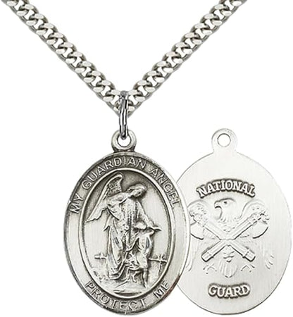 Mens Oval Pewter Guardian Angel National Guard Medal Pendant on 24 Inch Rhodium Plated Heavy Curb Brass Chain with Lobster Claw clasp, Catholic Religious Necklace - Made in USA- Velvet Gift Box