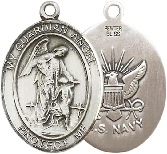 Women's Pewter Guardian Angel Navy Pendant – 1" x ¾" – 18 Inch Rhodium Plated Lite Curb Brass Chain with Lobster Claw Clasp – Catholic Necklace – Navy Guardian Angel Medal – Velvet Gift Box
