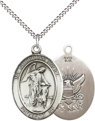 Women's Pewter Guardian Angel Navy Pendant – 1" x ¾" – 18 Inch Rhodium Plated Lite Curb Brass Chain with Lobster Claw Clasp – Catholic Necklace – Navy Guardian Angel Medal – Velvet Gift Box