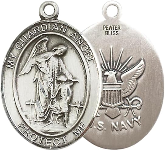 Mens 1 x 3/4" Oval Pewter Guardian Angel Navy Medal Pendant on 24" Rhodium Plated Heavy Curb Brass Chain with Lobster Claw clasp, Catholic Religious Necklace -Made in USA- Velvet Gift Box