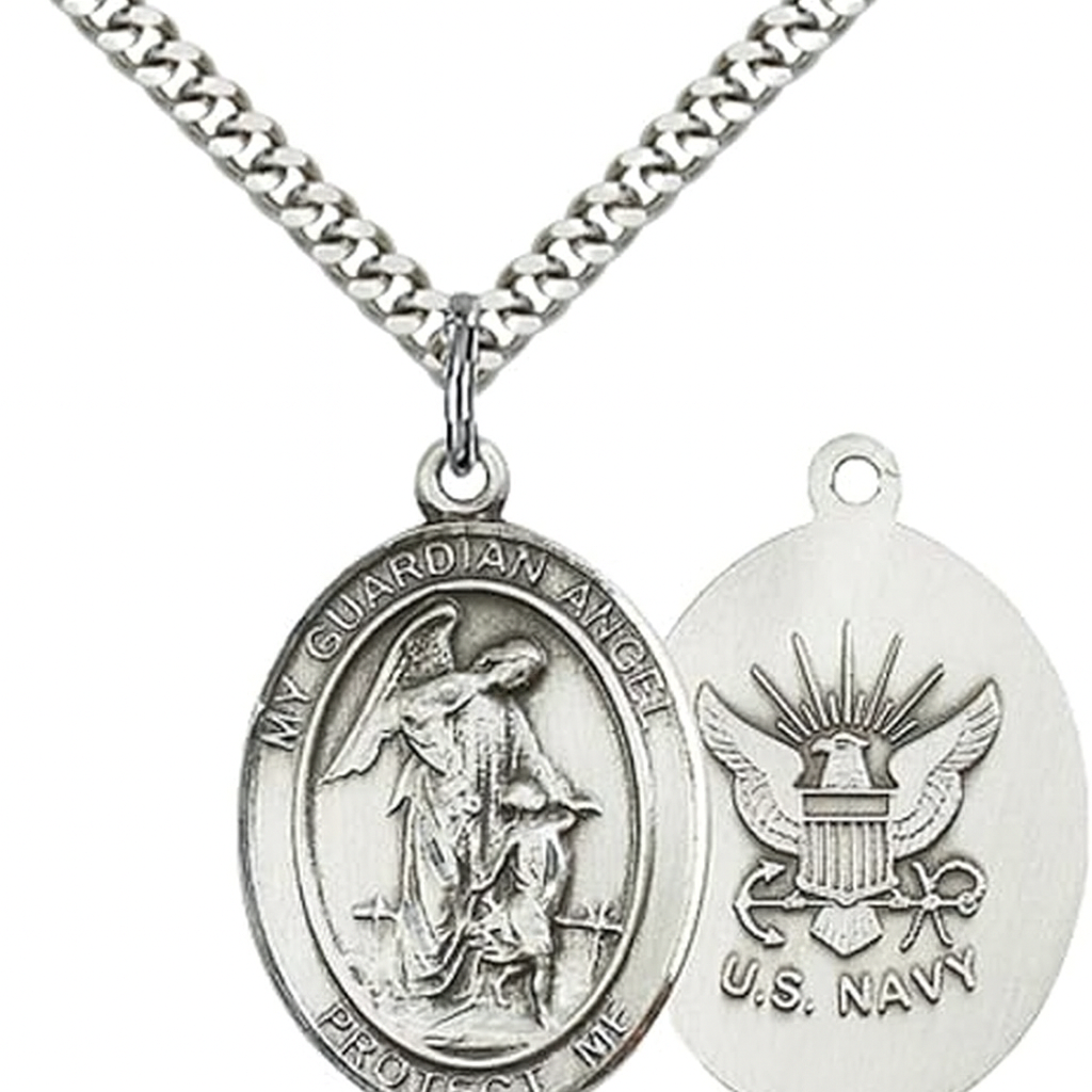 Mens 1 x 3/4" Oval Pewter Guardian Angel Navy Medal Pendant on 24" Rhodium Plated Heavy Curb Brass Chain with Lobster Claw clasp, Catholic Religious Necklace -Made in USA- Velvet Gift Box