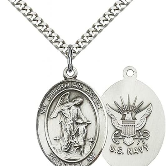 Everlasting Light Jewelry Men's Pewter Guardian Angel Navy Pendant – 1" x ¾ – 24 Inch Rhodium Plated Chain – Catholic Necklace – Navy Guardian Angel Medal – Velvet Gift Box Included