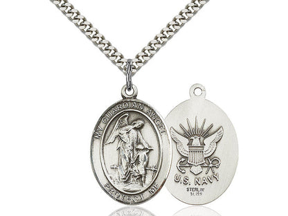 Everlasting Light Jewelry Pewter Guardian Angel Medal Pendant on 24 Inch Endless Rhodium Plated Heavy Curb Chain, Catholic Religious Necklace - Made in USA - Deluxe Velvet Gift Box