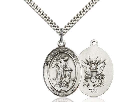 Everlasting Light Jewelry .925 Sterling Silver Guardian Angel Medal Pendant on 24 Inch Endless Rhodium Plated Heavy Curb Chain, Catholic Religious Necklace - Made in USA - Deluxe Velvet Gift Box