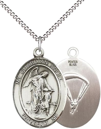 Women's Pewter Guardian Angel Paratrooper Pendant – 1" x ¾" – 18 Inch Rhodium Plated Lite Curb Brass Chain with Lobster Claw Clasp – Catholic Necklace – Guardian Angel Medal – Velvet Gift Box