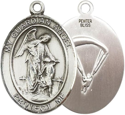 Everlasting Light Jewelry Men's Pewter Guardian Angel Paratrooper Pendant – 1" x ¾ – 24 Inch Rhodium Plated Chain – Catholic Necklace – Guardian Angel Medal – Velvet Gift Box Included