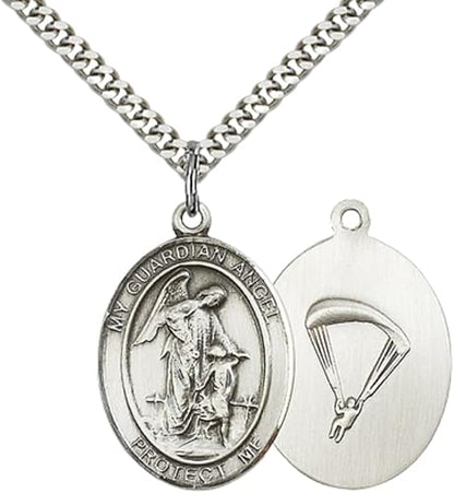 Everlasting Light Jewelry Men's Pewter Guardian Angel Paratrooper Pendant – 1" x ¾ – 24 Inch Rhodium Plated Chain – Catholic Necklace – Guardian Angel Medal – Velvet Gift Box Included