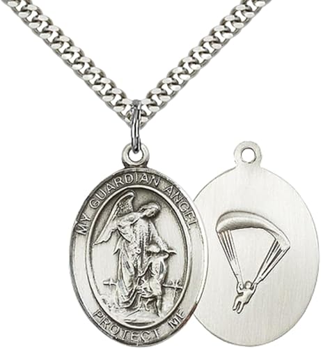 Everlasting Light Jewelry Men's Pewter Guardian Angel Paratrooper Pendant – 1" x ¾ – 24 Inch Rhodium Plated Chain – Catholic Necklace – Guardian Angel Medal – Velvet Gift Box Included