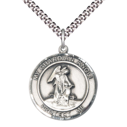 Men's .925 Sterling Silver Guardian Angel Medal Pendant on 24 Inch Endless Rhodium Plated Heavy Curb Chain, Catholic Religious Necklace - Made in USA - Deluxe Velvet Gift Box