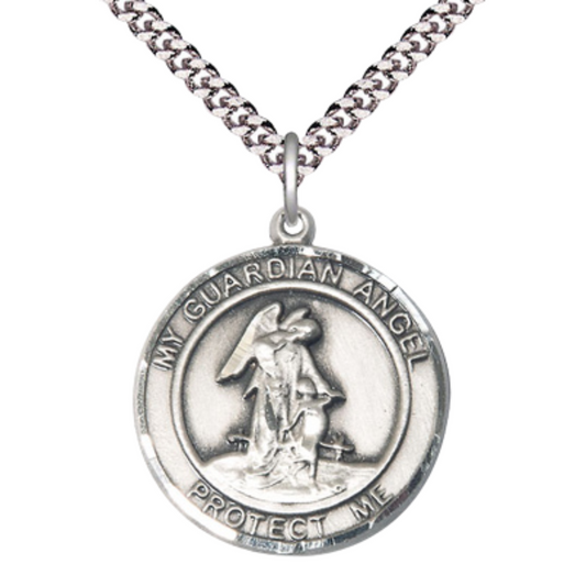 Men's .925 Sterling Silver Guardian Angel Medal Pendant on 24 Inch Endless Rhodium Plated Heavy Curb Chain, Catholic Religious Necklace - Made in USA - Deluxe Velvet Gift Box