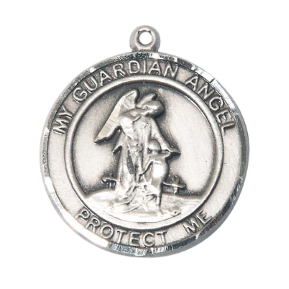 Men's .925 Sterling Silver Guardian Angel Medal Pendant on 24 Inch Endless Rhodium Plated Heavy Curb Chain, Catholic Religious Necklace - Made in USA - Deluxe Velvet Gift Box