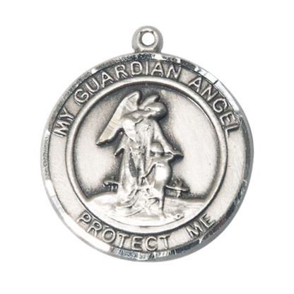 Men's .925 Sterling Silver Guardian Angel Medal Pendant on 24 Inch Endless Rhodium Plated Heavy Curb Chain, Catholic Religious Necklace - Made in USA - Deluxe Velvet Gift Box