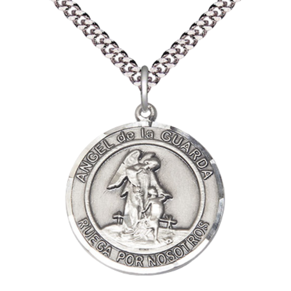 Mens 1 x 7/8" Round Pewter Angel de la Guarda Medal Pendant on 24" Rhodium Plated Heavy Curb Brass Chain with Lobster Claw clasp, Catholic Religious Necklace -Made in USA- Velvet Gift Box