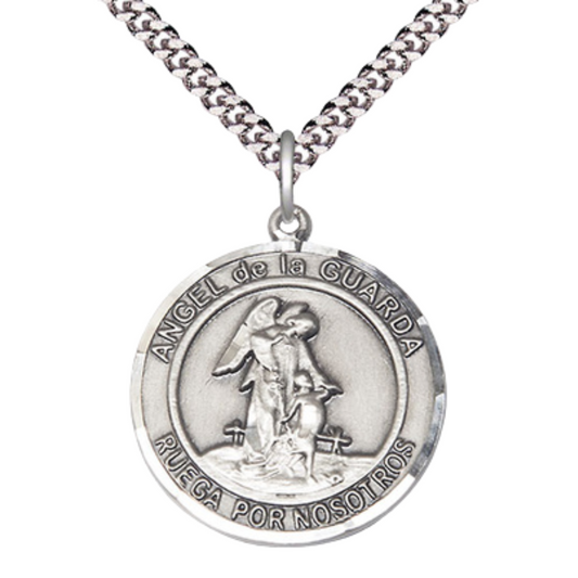Mens 1 x 7/8" Round Pewter Angel de la Guarda Medal Pendant on 24" Rhodium Plated Heavy Curb Brass Chain with Lobster Claw clasp, Catholic Religious Necklace -Made in USA- Velvet Gift Box