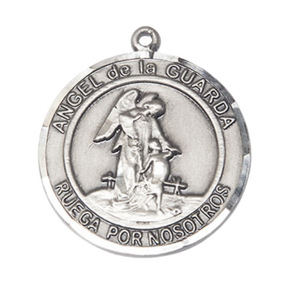 Mens 1 x 7/8" Round Pewter Angel de la Guarda Medal Pendant on 24" Rhodium Plated Heavy Curb Brass Chain with Lobster Claw clasp, Catholic Religious Necklace -Made in USA- Velvet Gift Box