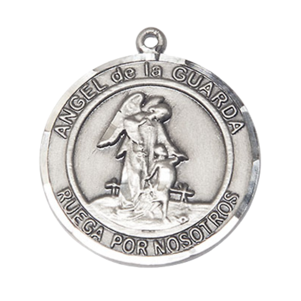 Spanish Script Men's .925 Sterling Silver Angel de la Guarda Medal Pendant (1 x 7/8") on 24 Inch Endless Rhodium Plated Heavy Curb Chain, Catholic Religious Necklace - Made in USA, Deluxe Velvet Gift Box