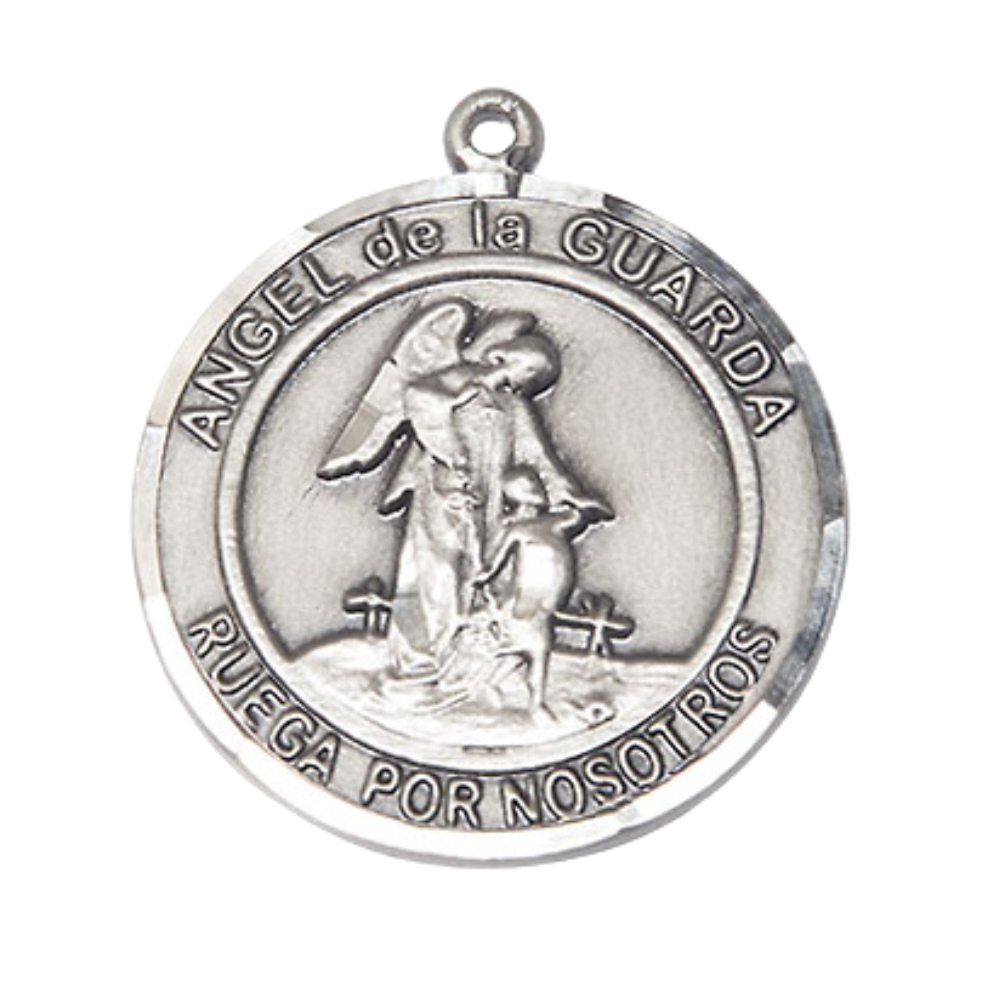 Spanish Script Women's Pewter Angel de la Guarda Medal Pendant on 18 Inch Rhodium Plated Lite Curb Brass Chain, Catholic Religious Necklace with Lobster Claw Clasp - Made in USA, Comes in Deluxe Velvet Gift Box