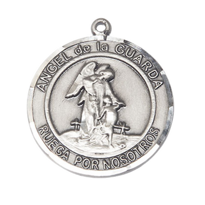 Spanish Script Women's Pewter Angel de la Guarda Medal Pendant on 18 Inch Rhodium Plated Lite Curb Brass Chain, Catholic Religious Necklace with Lobster Claw Clasp - Made in USA, Comes in Deluxe Velvet Gift Box