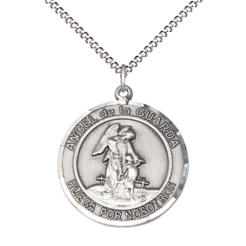 Spanish Script Women's Pewter Angel de la Guarda Medal Pendant on 18 Inch Rhodium Plated Lite Curb Brass Chain, Catholic Religious Necklace with Lobster Claw Clasp - Made in USA, Comes in Deluxe Velvet Gift Box
