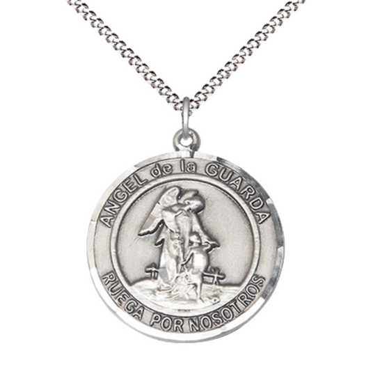 Spanish Script Women's Pewter Angel de la Guarda Medal Pendant on 18 Inch Rhodium Plated Lite Curb Brass Chain, Catholic Religious Necklace with Lobster Claw Clasp - Made in USA, Comes in Deluxe Velvet Gift Box