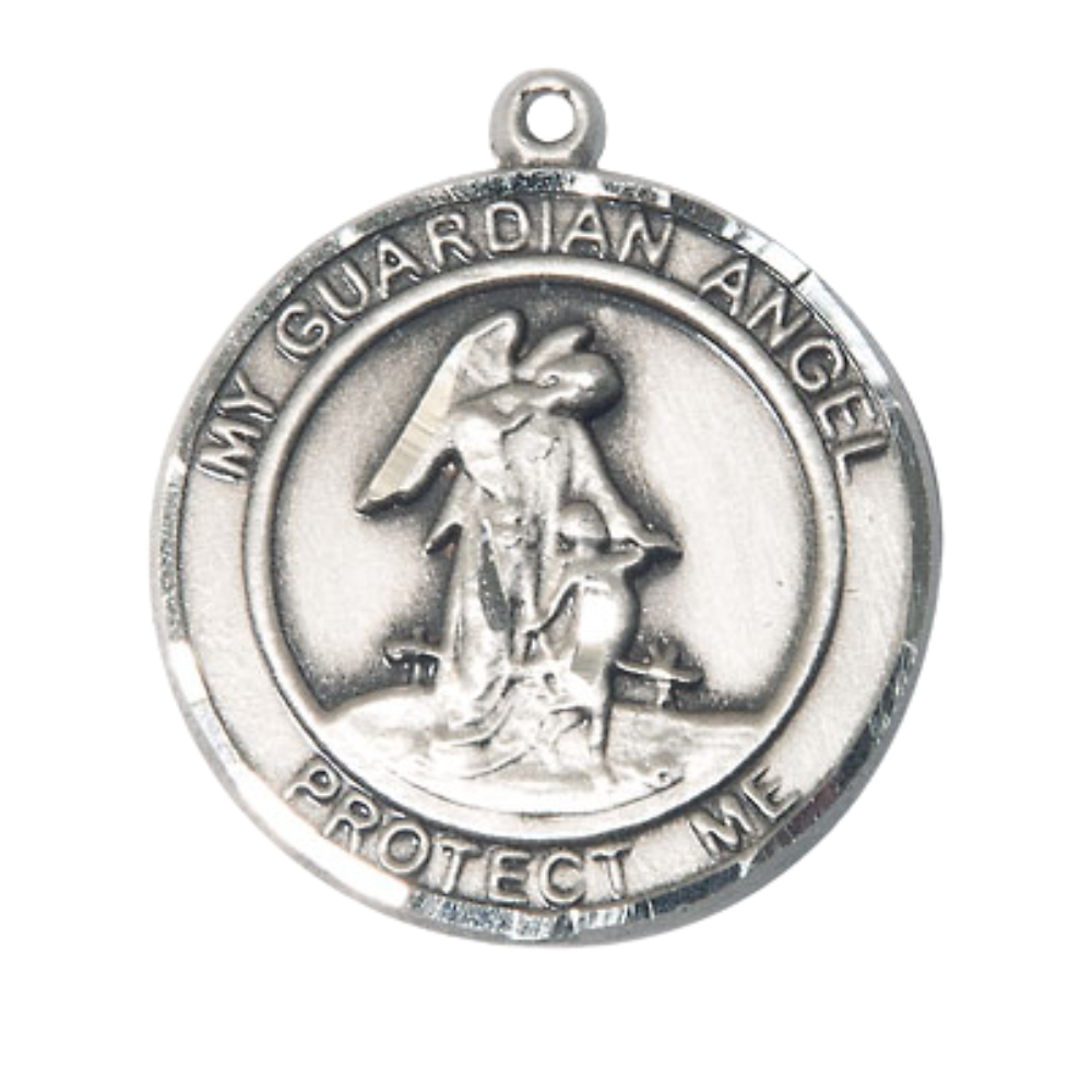 Women's .925 Sterling Silver Guardian Angel Medal Pendant on 18 Inch Rhodium Plated Lite Curb Brass Chain w/ Lobster Claw Clasp, Catholic Religious Necklace - Made in USA- Deluxe Velvet Gift Box