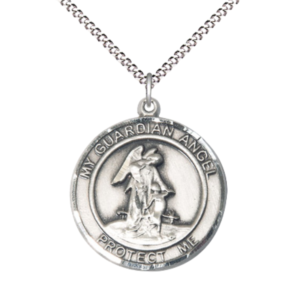 Women's .925 Sterling Silver Guardian Angel Medal Pendant on 18 Inch Rhodium Plated Lite Curb Brass Chain w/ Lobster Claw Clasp, Catholic Religious Necklace - Made in USA- Deluxe Velvet Gift Box