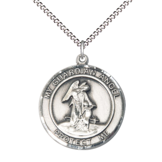Women's .925 Sterling Silver Guardian Angel Medal Pendant on 18 Inch Rhodium Plated Lite Curb Brass Chain w/ Lobster Claw Clasp, Catholic Religious Necklace - Made in USA- Deluxe Velvet Gift Box