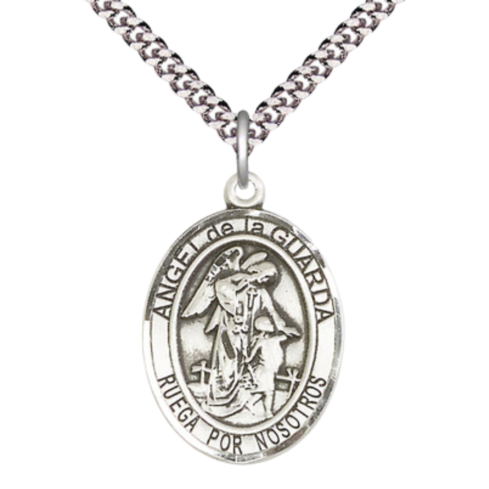 Spanish Script Men's .925 Sterling Silver Angel de la Guarda Medal Pendant on 24 Inch Endless Rhodium Plated Heavy Curb Chain,Catholic Religious Necklace -Made in USA, Deluxe Velvet Gift Box Included