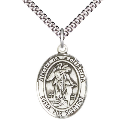 Spanish Script Men's .925 Sterling Silver Angel de la Guarda Medal Pendant on 24 Inch Endless Rhodium Plated Heavy Curb Chain,Catholic Religious Necklace -Made in USA, Deluxe Velvet Gift Box Included