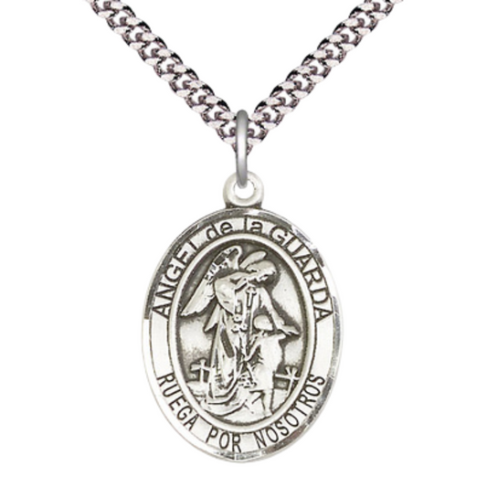Spanish Script Men's .925 Sterling Silver Angel de la Guarda Medal Pendant on 24 Inch Endless Rhodium Plated Heavy Curb Chain,Catholic Religious Necklace -Made in USA, Deluxe Velvet Gift Box Included